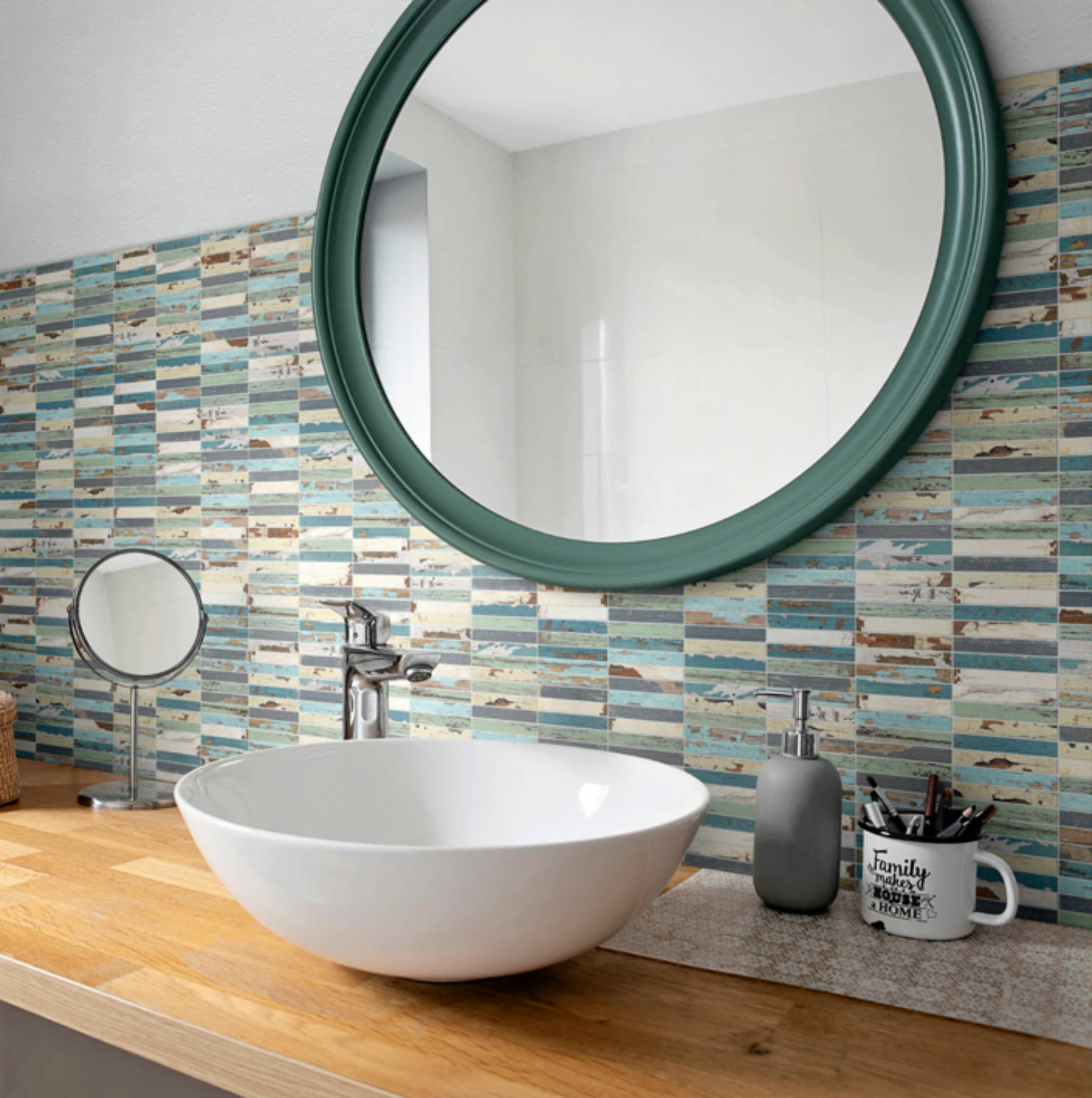 0.7x4 Wood Rectangles Mix Beige/Blue Ceramic Mosaic | Alita Tile