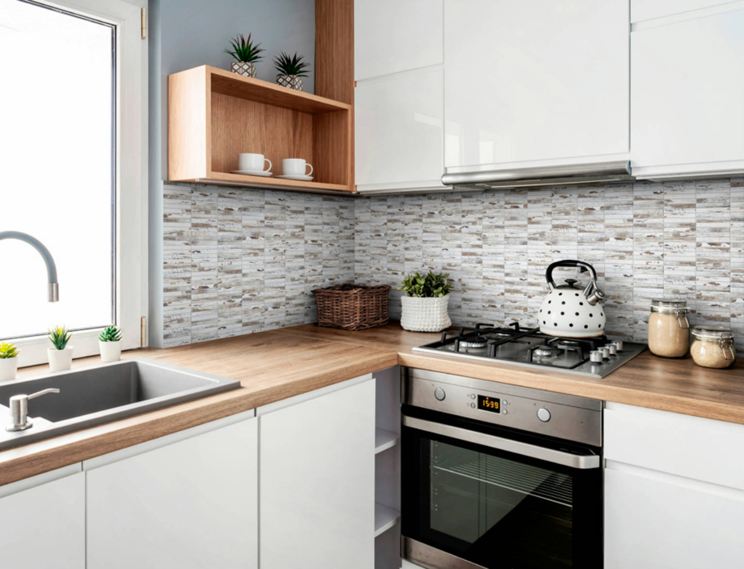 0.7"x4" Wood Rectangles Mix White/Grey Ceramic Mosaic | Alita Tile