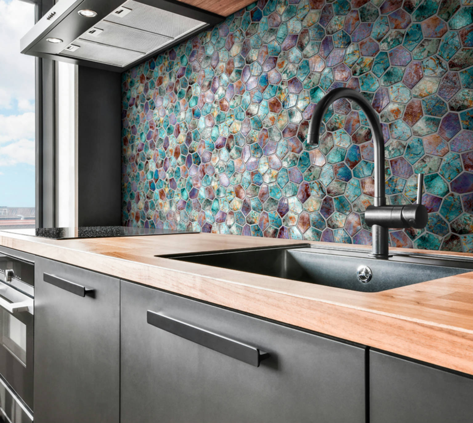 Hexagon Mix Metallic Green Rust Mosaic | Alita Tile