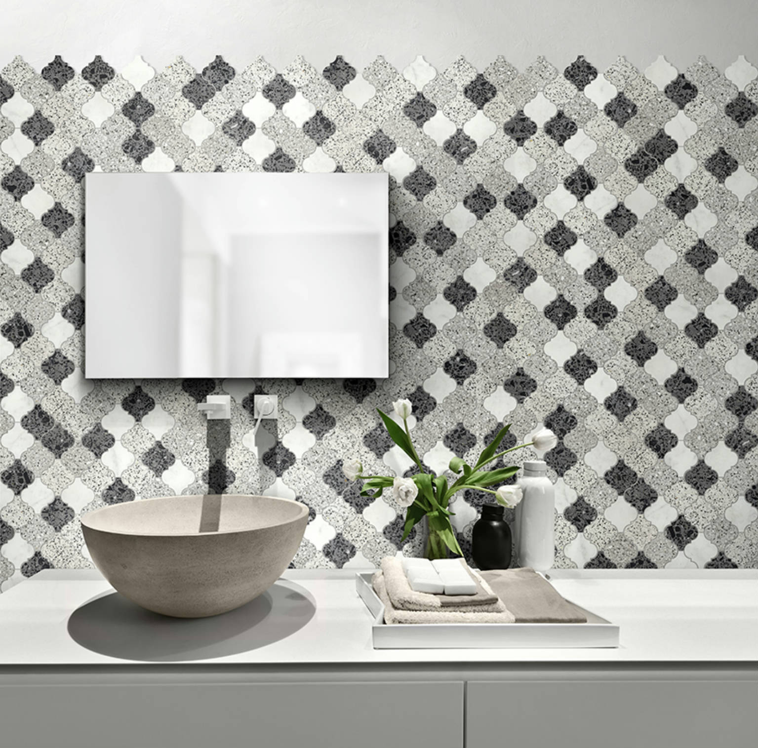 Lantern Terrazzo Marble White, Grey, Black Mix Mosaic | Alita Tile