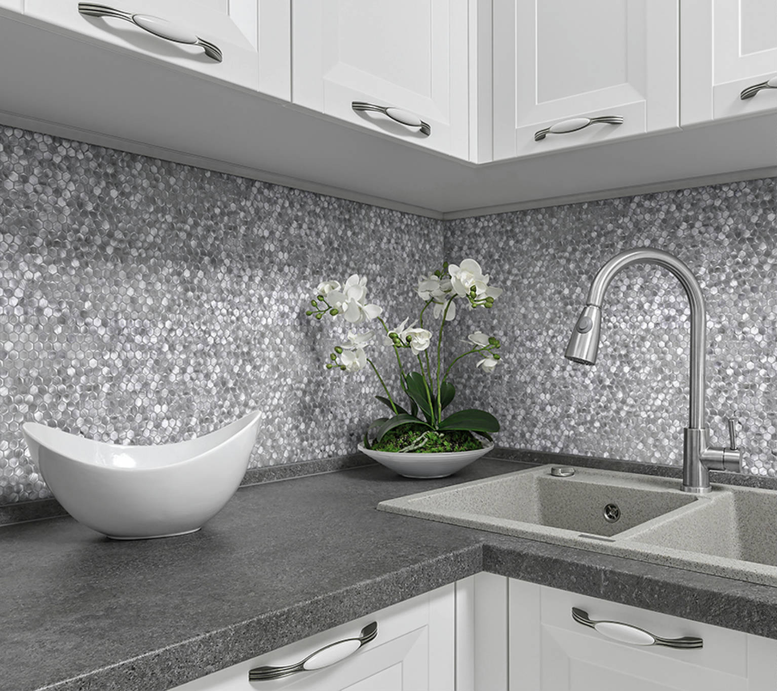 Medium Hexagon Silver Aluminum Mosaic  | Alita Tile