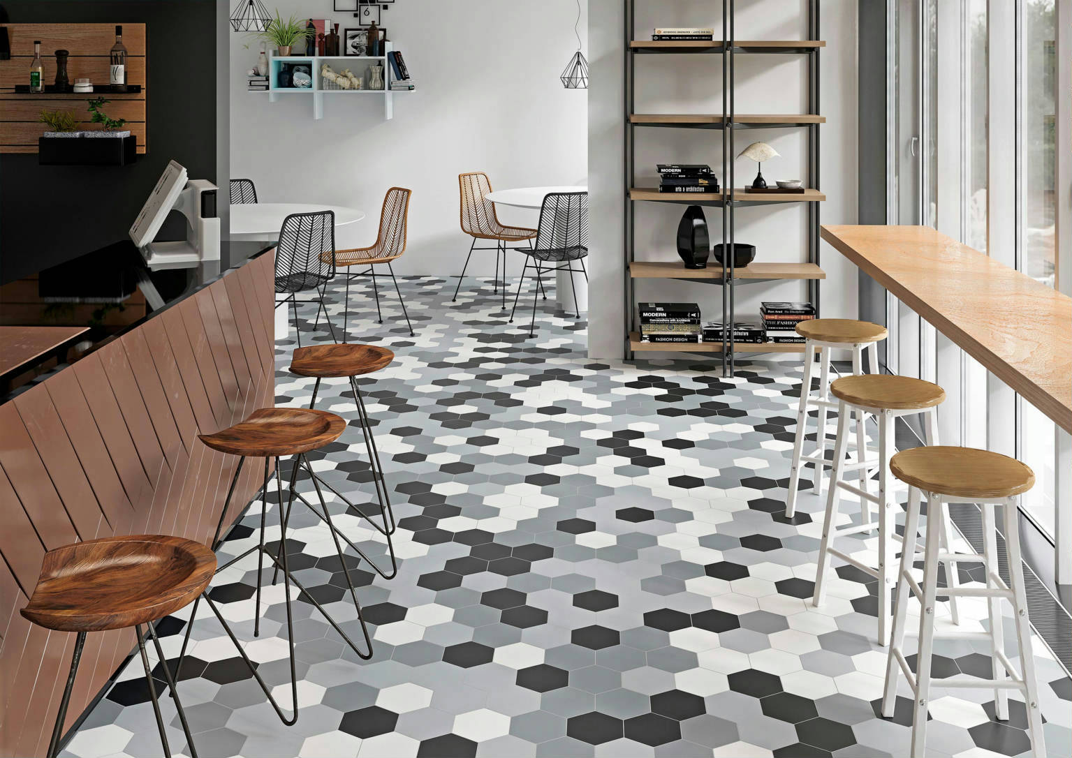 Vida 5.5X6.3” Black, Grey, Pearl, and White  Hexagons | Alita Tile