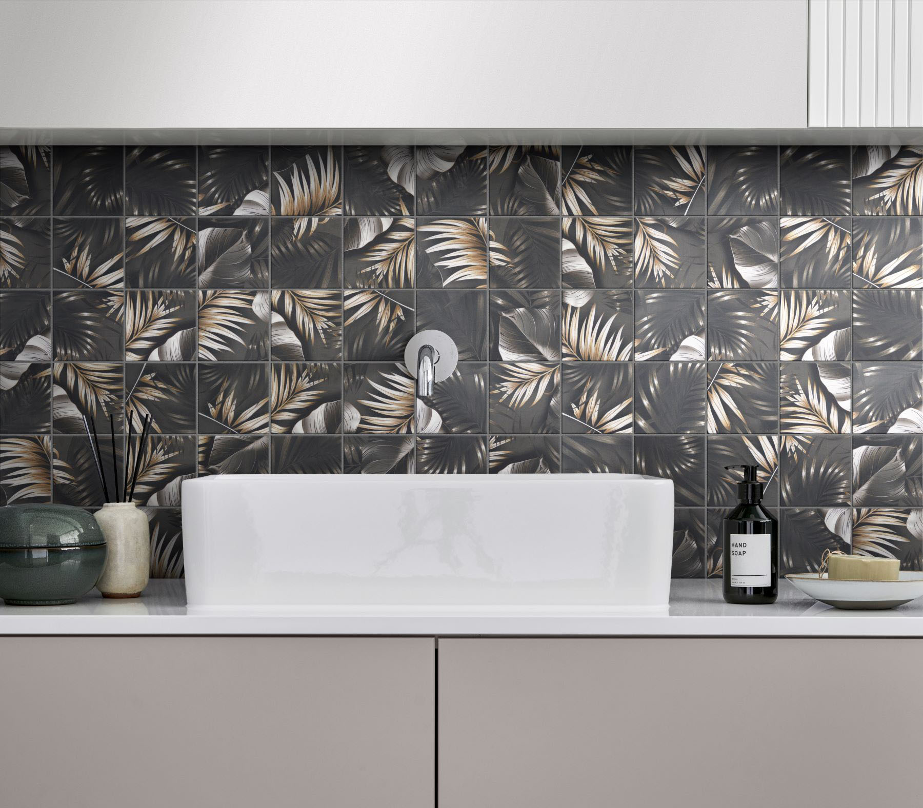 4"x4" Floral Palm Grey Beige Mosaic  | Alita Tile