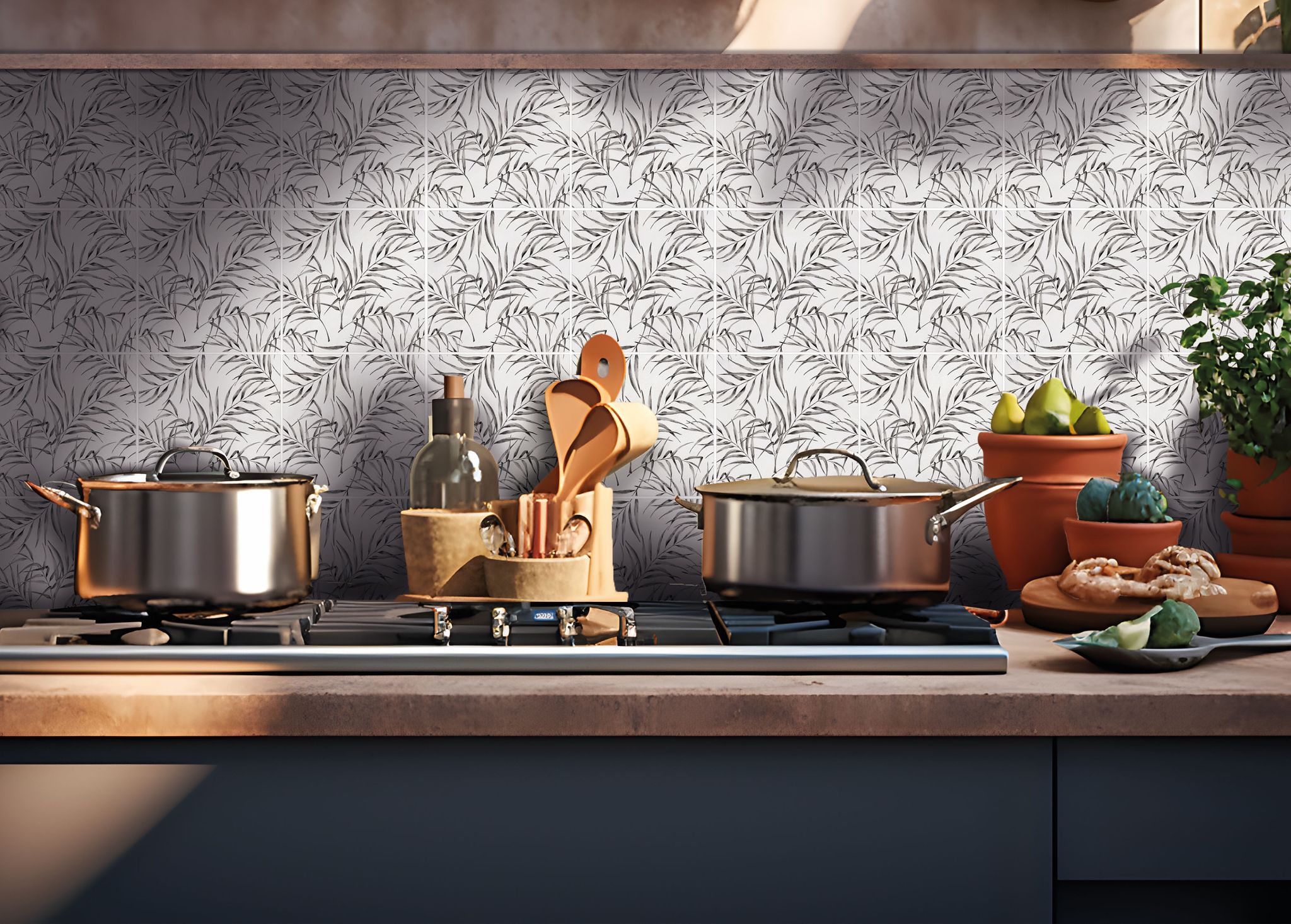 6"x6" Grey Palm Leaf Printed White Marble | Alita Tile